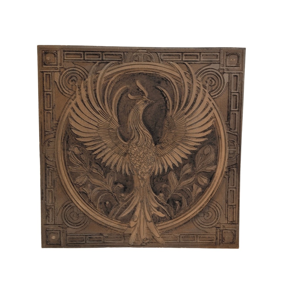 Phoenix Relief Wall Plaque Square Mythological Bird Art MFD Board 14.45" READ
